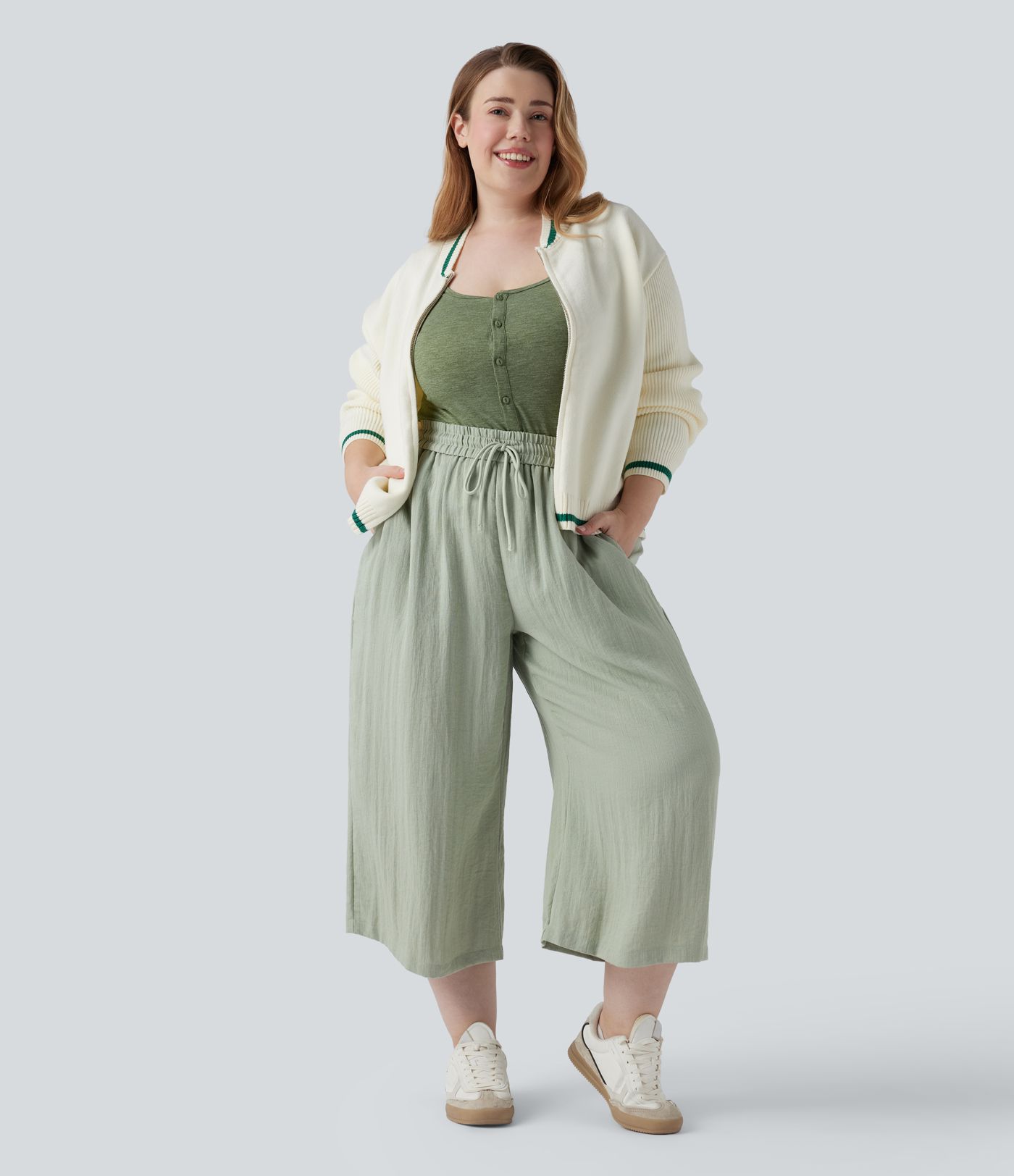 High Waisted Drawstring Wide Leg Cropped Casual Linen-Feel Plus Size Pants with Pockets