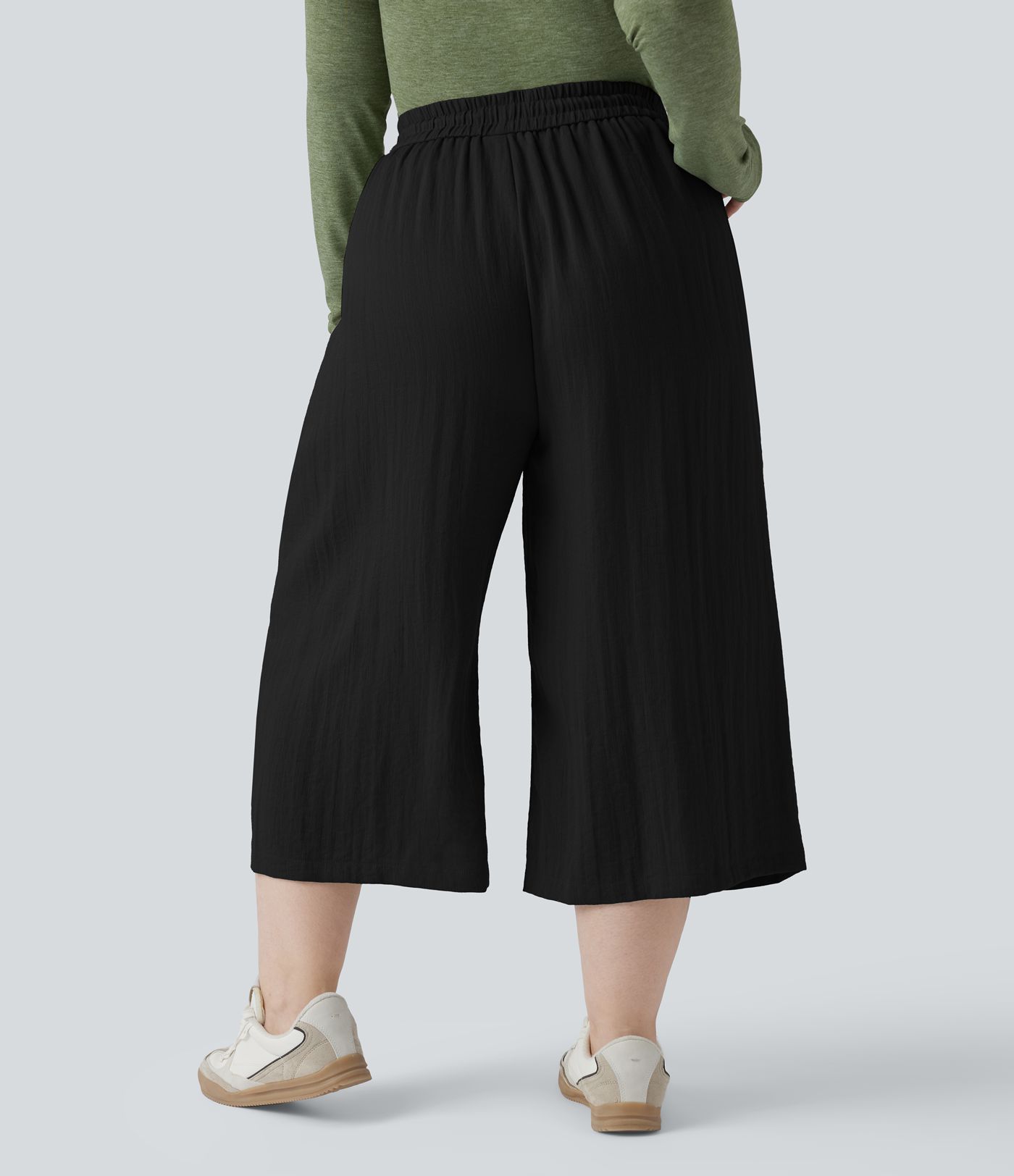 High Waisted Drawstring Wide Leg Cropped Casual Linen-Feel Plus Size Trousers with Pockets