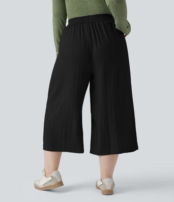 High Waisted Drawstring Wide Leg Cropped Casual Linen-Feel Plus Size Trousers with Pockets