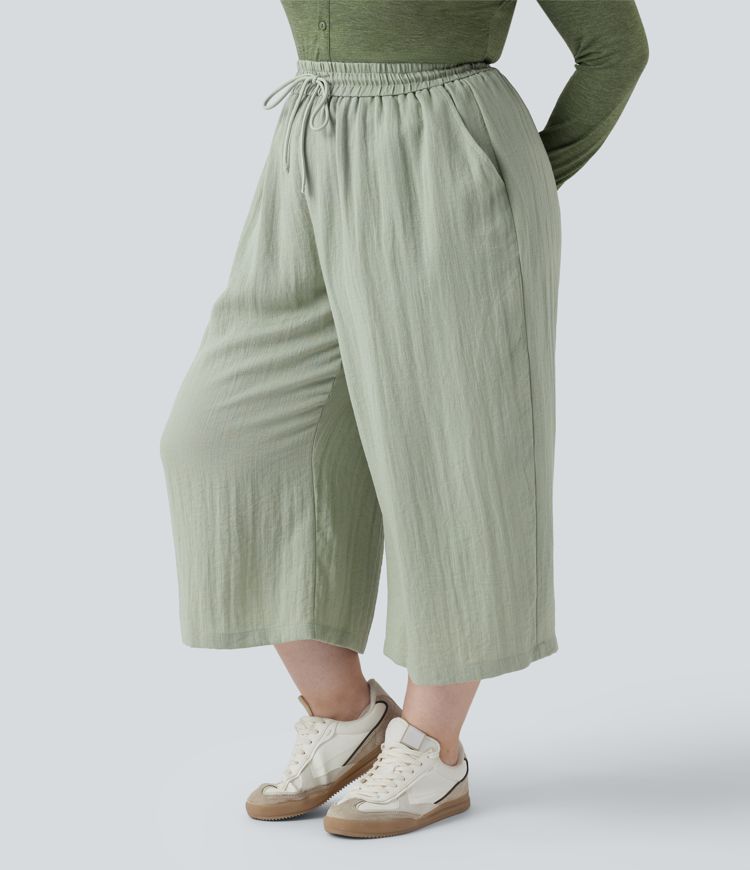 High Waisted Drawstring Wide Leg Cropped Casual Linen-Feel Plus Size Trousers with Pockets