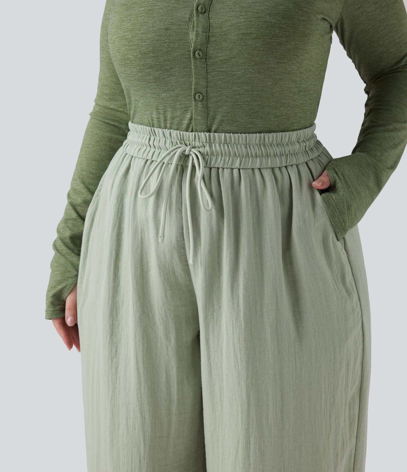 High Waisted Drawstring Wide Leg Cropped Casual Linen-Feel Plus Size Pants with Pockets