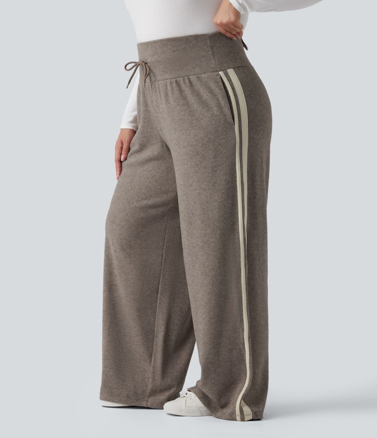 Ribbed High Waisted Tummy Control Drawstring Wide Leg Color Block Casual Plus Size Trousers with Pockets