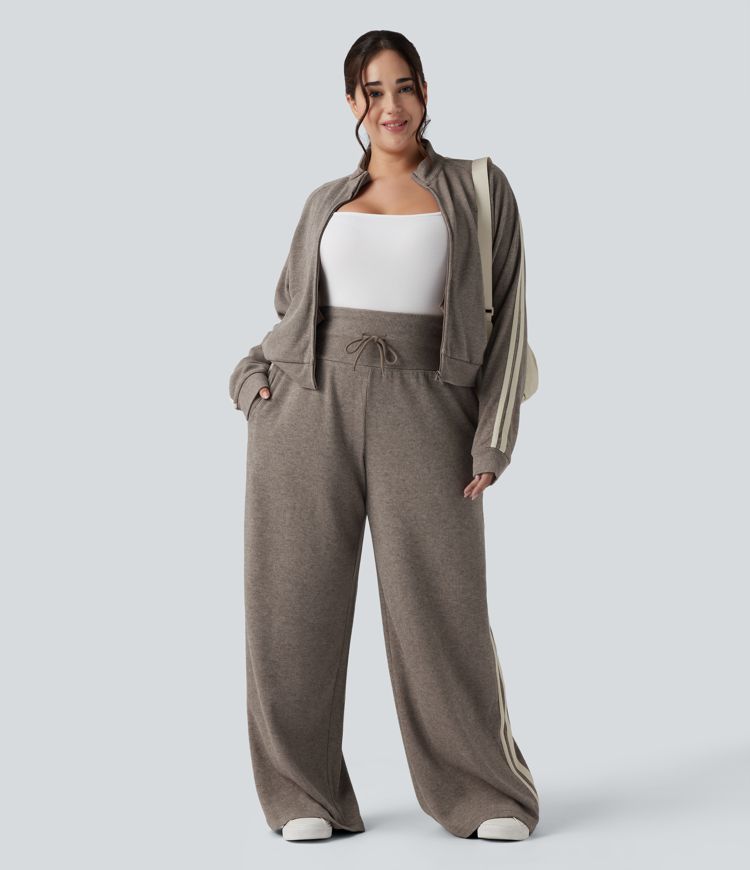 Ribbed High Waisted Tummy Control Drawstring Wide Leg Color Block Casual Plus Size Trousers with Pockets