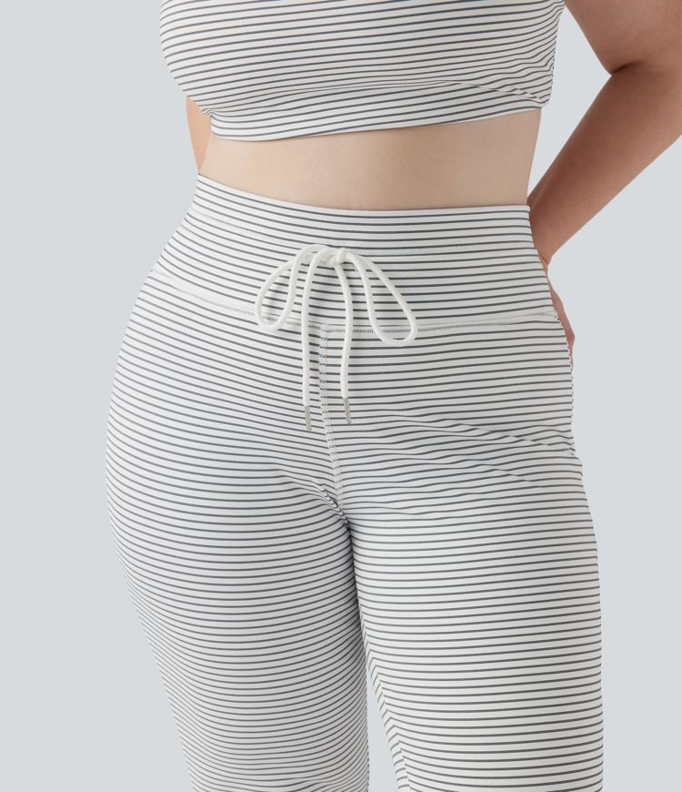 High Waisted Drawstring Stripe Flare Yoga Plus Size Pants with Pockets