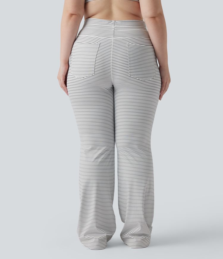 High Waisted Drawstring Stripe Flare Yoga Plus Size Pants with Pockets