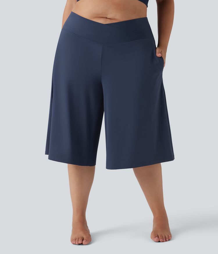 SoftlyZero™ Airy Crossover High Waisted Wide Leg Cool Touch Yoga Pedal Pusher Plus Size Trousers with Pockets