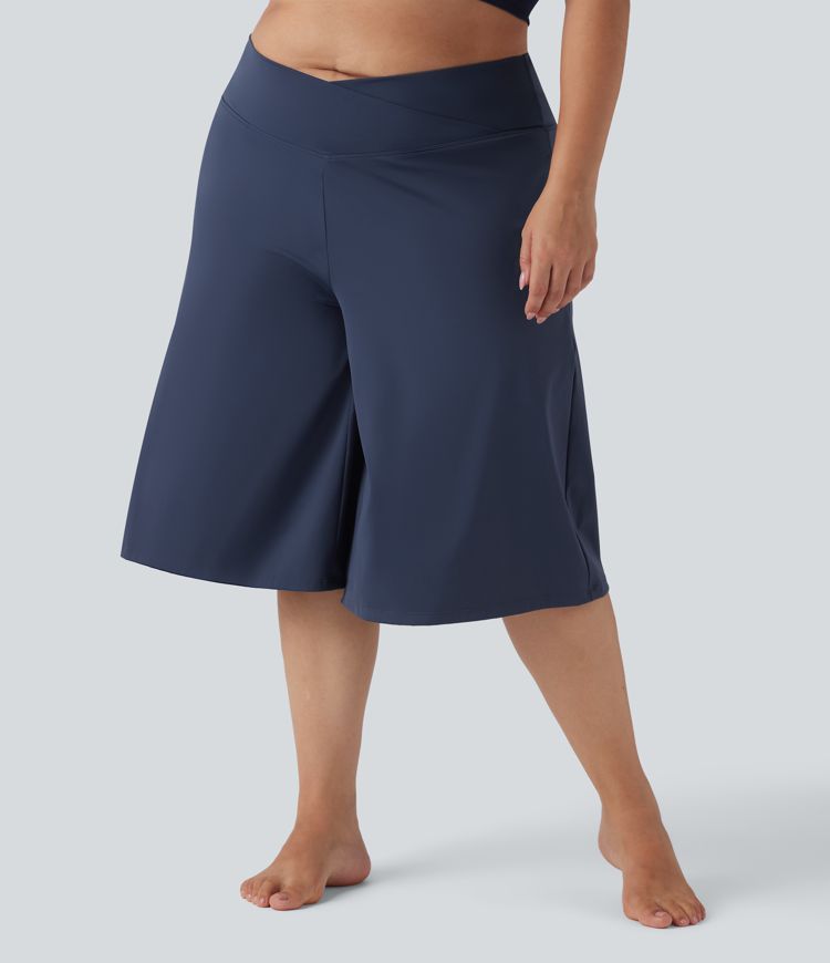 SoftlyZero™ Airy Crossover High Waisted Wide Leg Cool Touch Yoga Pedal Pusher Plus Size Trousers with Pockets