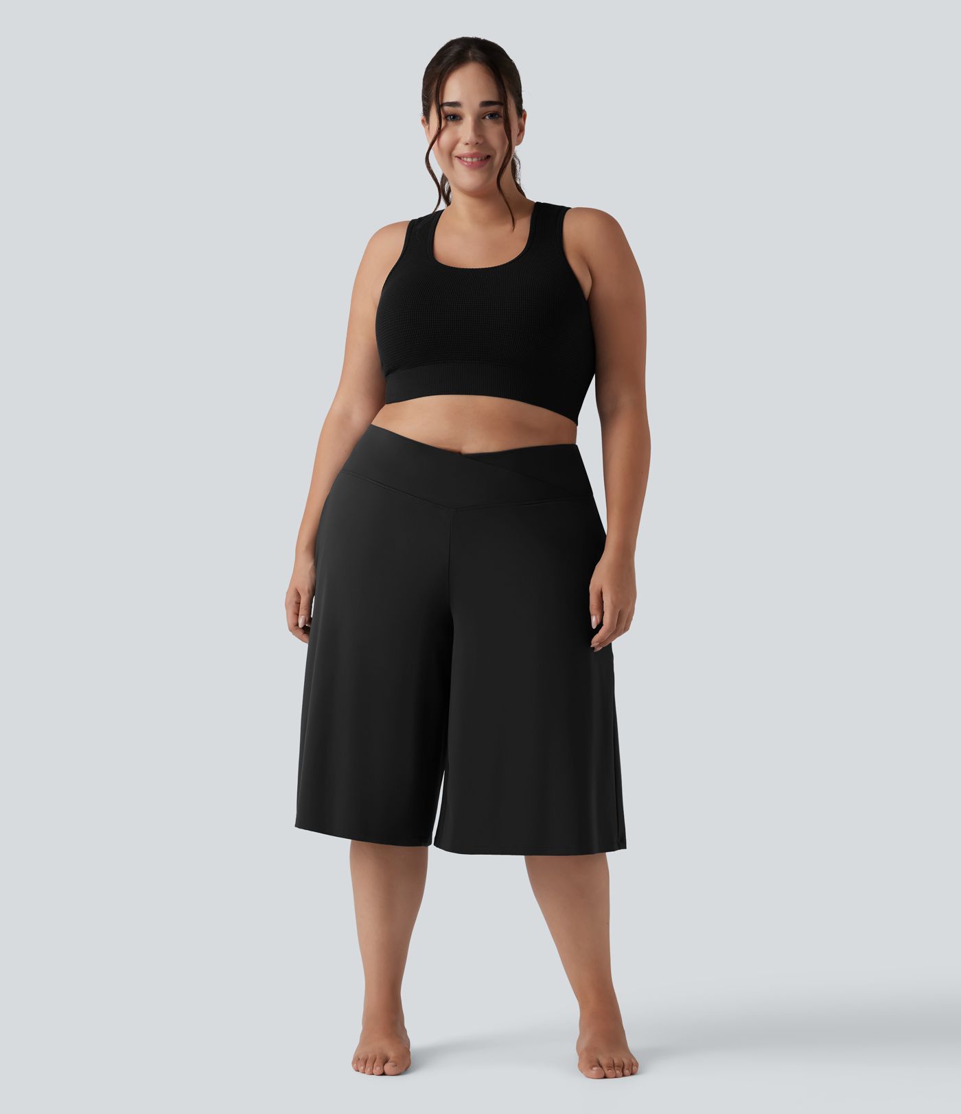 SoftlyZero™ Airy Crossover High Waisted Wide Leg Cool Touch Yoga Pedal Pusher Plus Size Trousers with Pockets