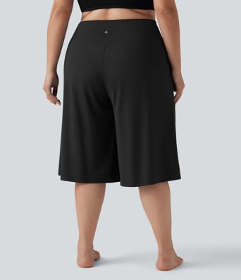 SoftlyZero™ Airy Crossover High Waisted Wide Leg Cool Touch Yoga Pedal Pusher Plus Size Trousers with Pockets