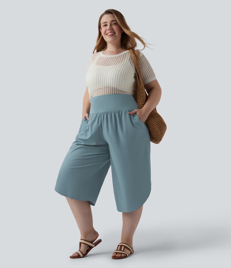 Breezeful™ High Waisted Tummy Control Curved Hem Quick Dry Resort Capri Plus Size Pants with Pockets