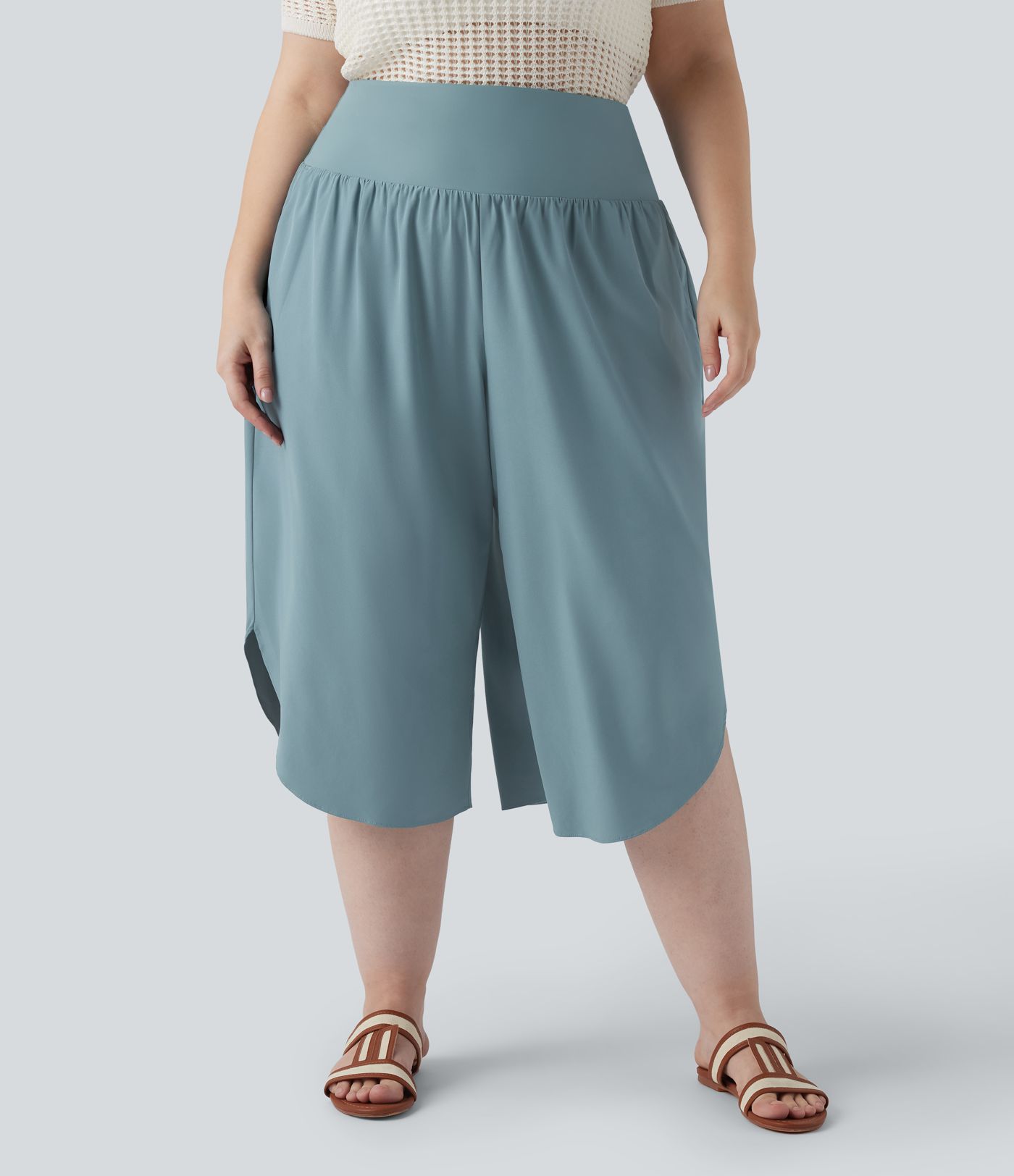 Breezeful™ High Waisted Tummy Control Curved Hem Quick Dry Resort Capri Plus Size Pants with Pockets