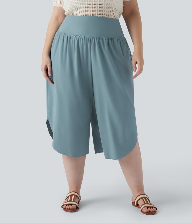 Breezeful™ High Waisted Tummy Control Curved Hem Quick Dry Resort Capri Plus Size Pants with Pockets