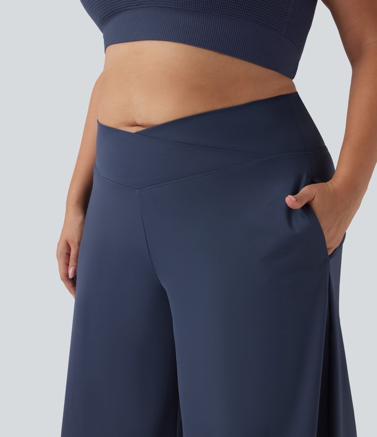 SoftlyZero™ Airy Crossover High Waisted Wide Leg Cool Touch Yoga Pedal Pusher Plus Size Trousers with Pockets
