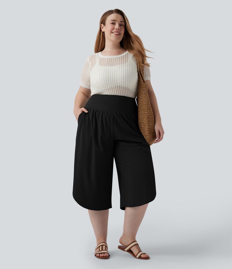 Breezeful™ High Waisted Tummy Control Curved Hem Quick Dry Resort Capri Plus Size Trousers with Pockets