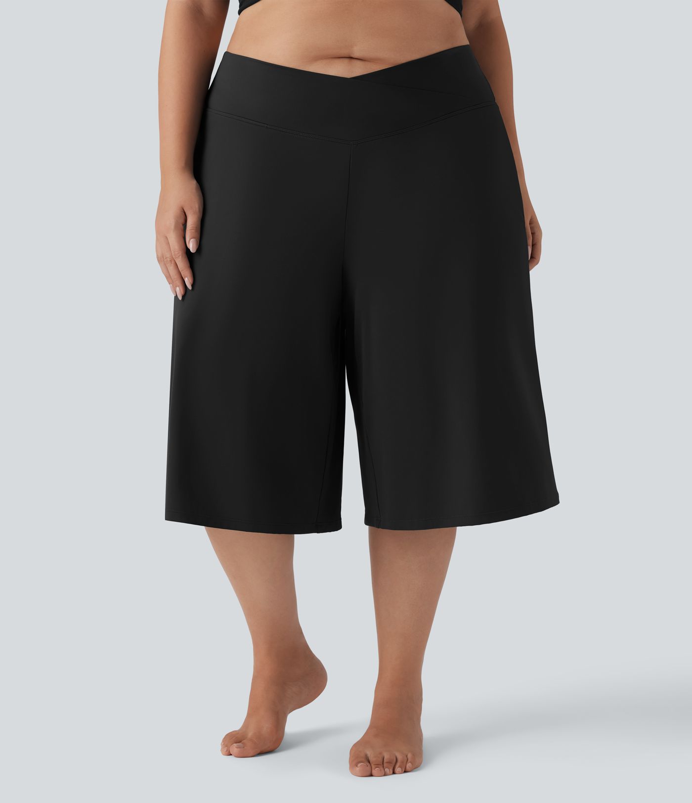 SoftlyZero™ Airy Crossover High Waisted Wide Leg Cool Touch Yoga Pedal Pusher Plus Size Trousers with Pockets