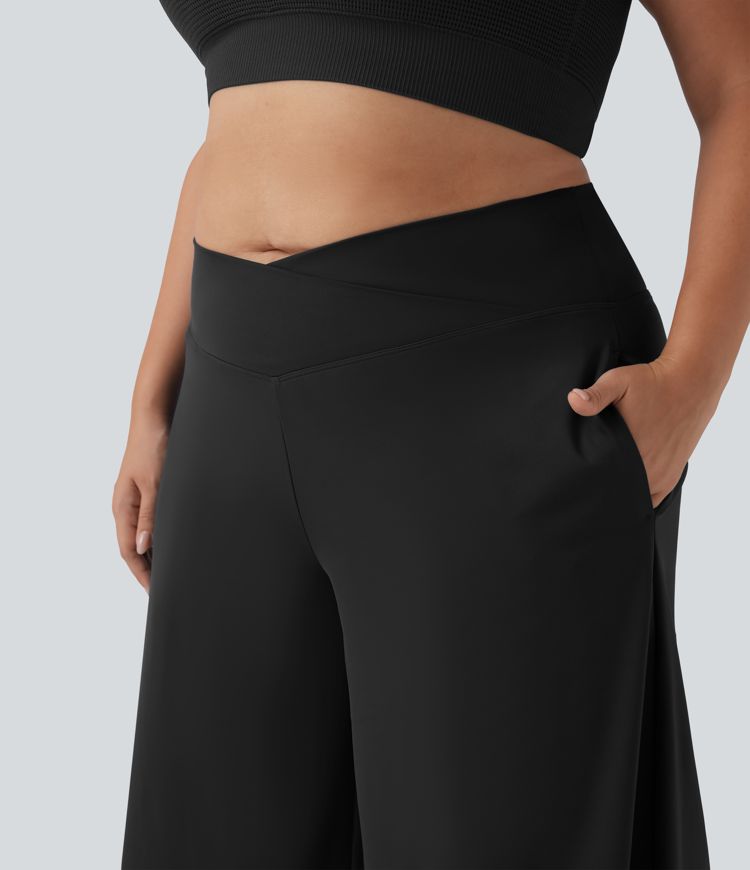 SoftlyZero™ Airy Crossover High Waisted Wide Leg Cool Touch Yoga Pedal Pusher Plus Size Trousers with Pockets