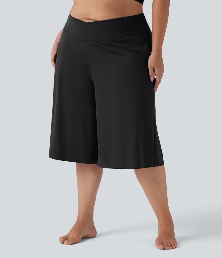 SoftlyZero™ Airy Crossover High Waisted Wide Leg Cool Touch Yoga Pedal Pusher Plus Size Trousers with Pockets