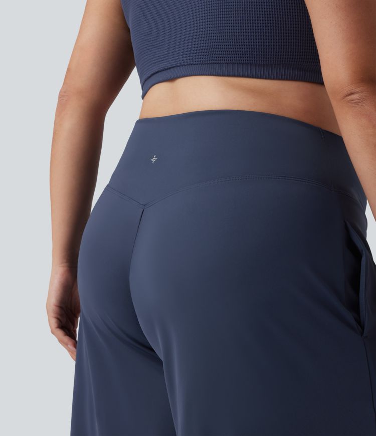 SoftlyZero™ Airy Crossover High Waisted Wide Leg Cool Touch Yoga Pedal Pusher Plus Size Trousers with Pockets