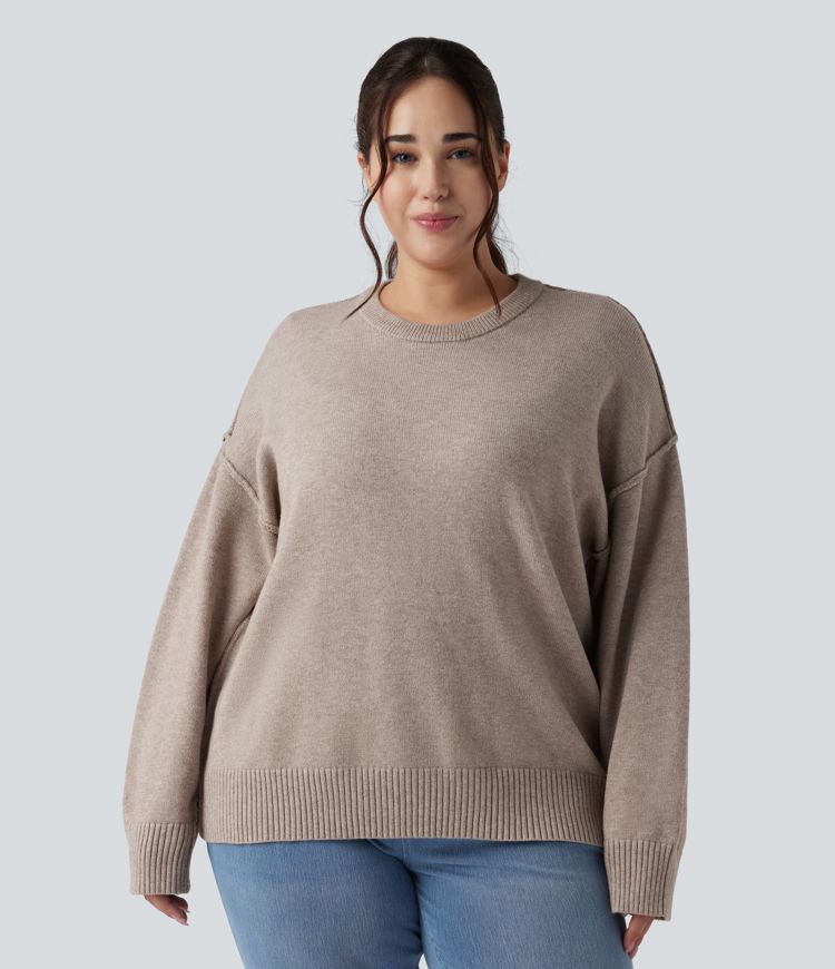 Round Neck Dropped Shoulder Long Sleeve Casual Plus Size Jumper