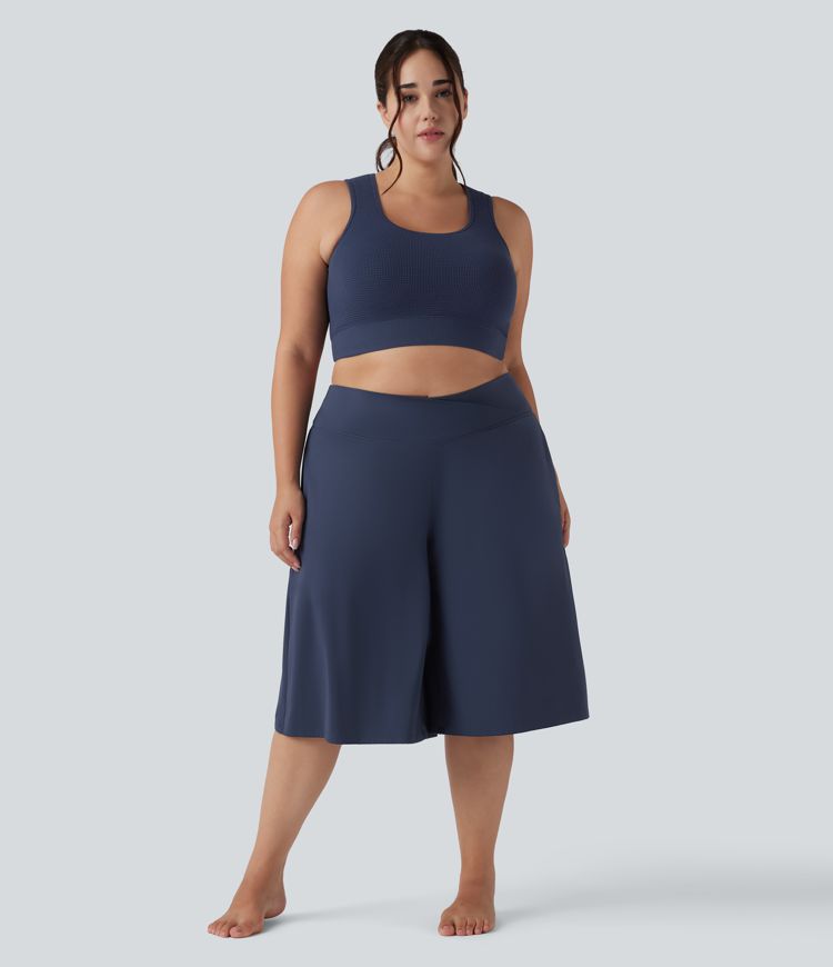 SoftlyZero™ Airy Crossover High Waisted Wide Leg Cool Touch Yoga Pedal Pusher Plus Size Trousers with Pockets