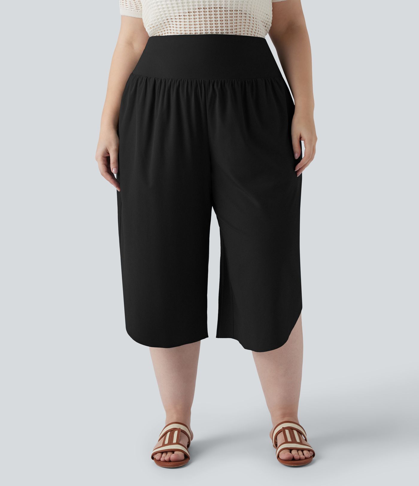 Breezeful™ High Waisted Tummy Control Curved Hem Quick Dry Resort Capri Plus Size Pants with Pockets