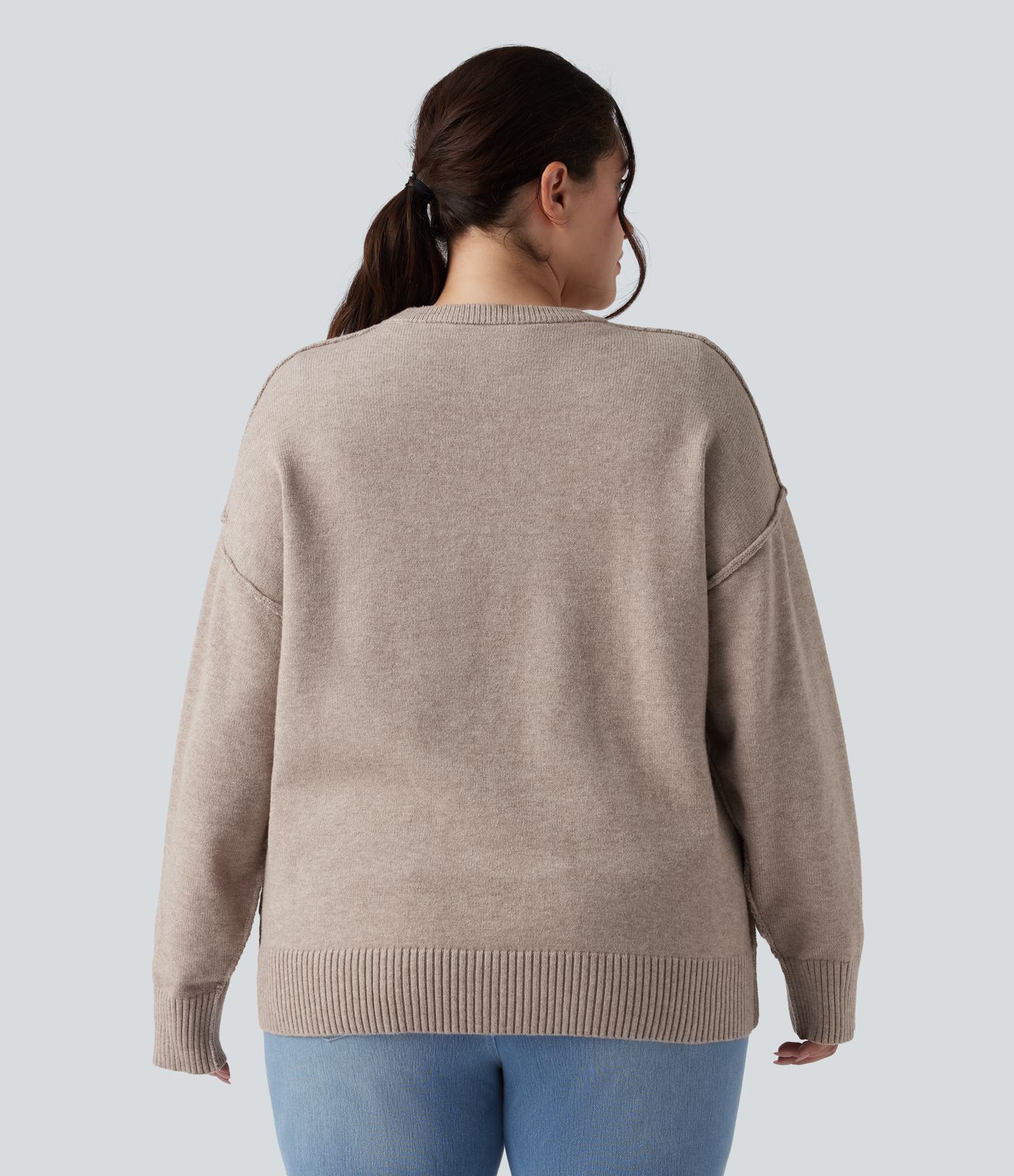 Round Neck Dropped Shoulder Long Sleeve Casual Plus Size Sweater