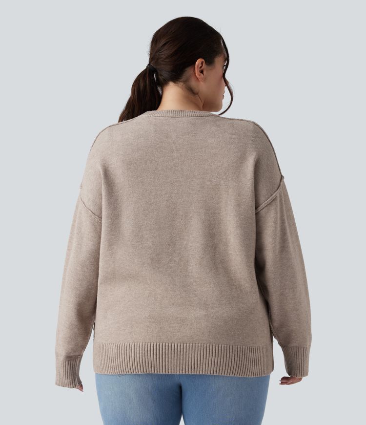 Round Neck Dropped Shoulder Long Sleeve Casual Plus Size Jumper