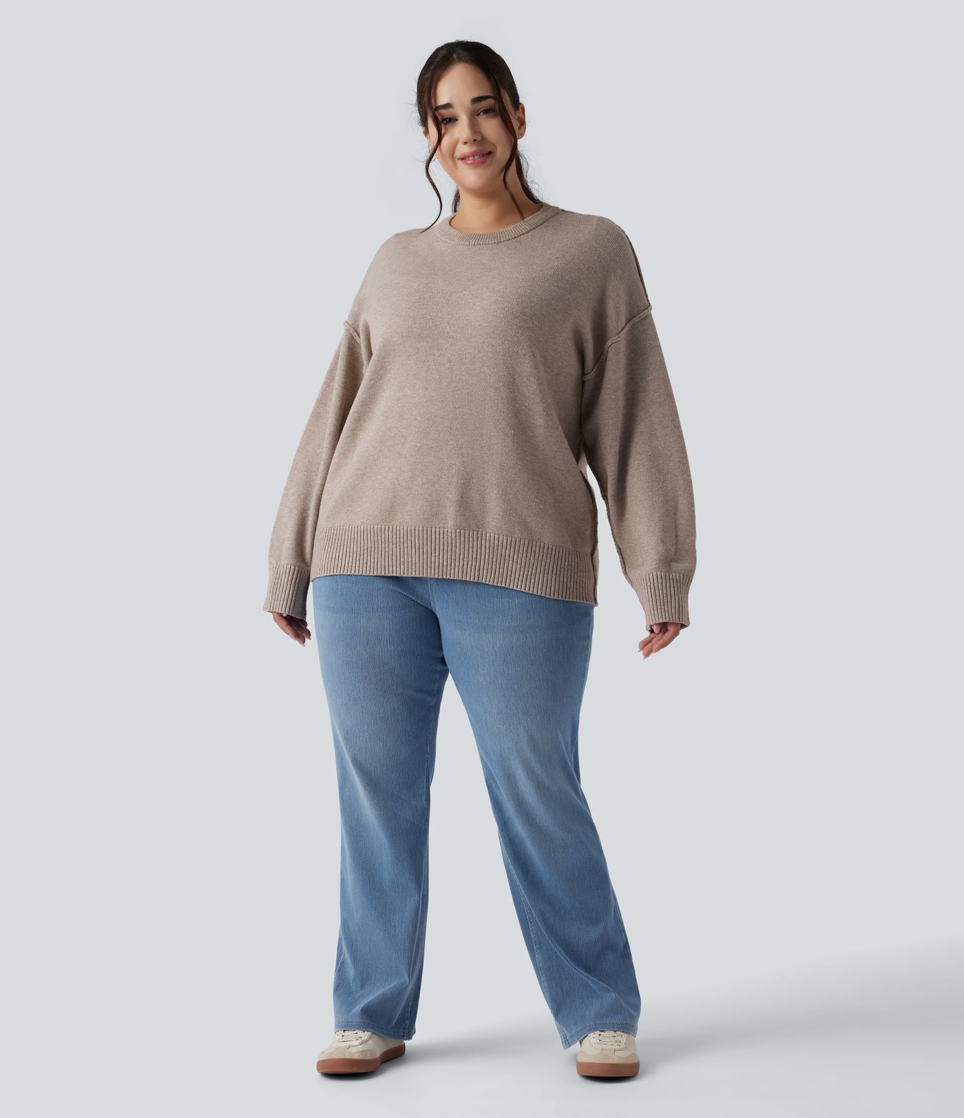 Round Neck Dropped Shoulder Long Sleeve Casual Plus Size Sweater