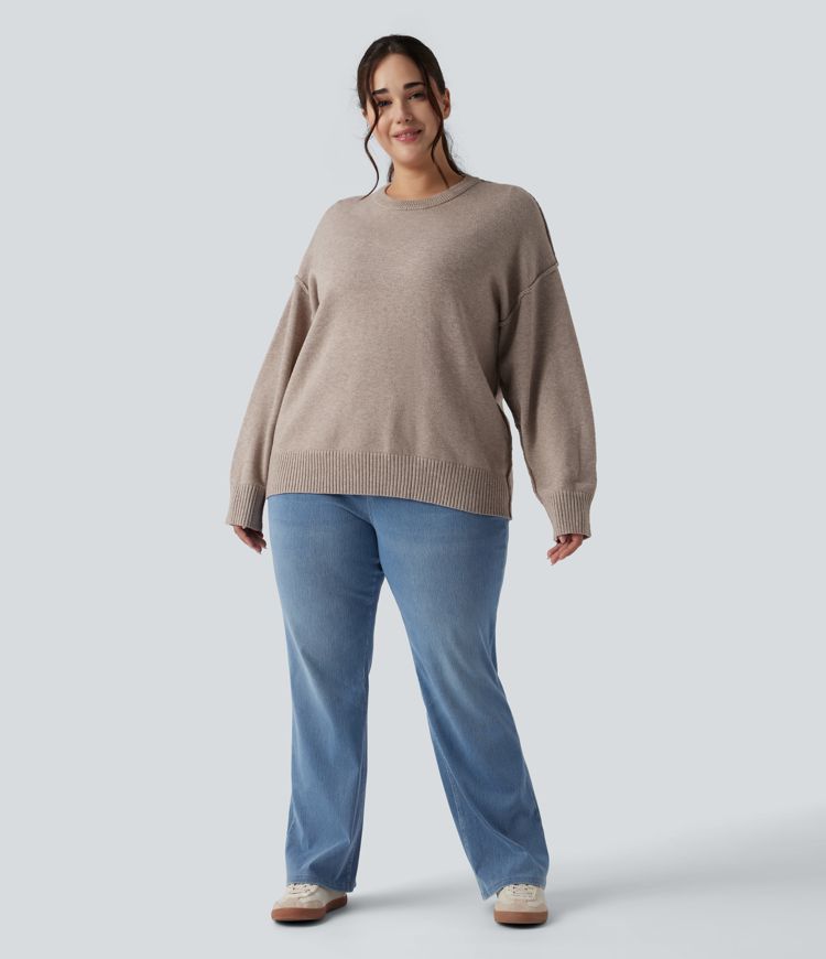 Round Neck Dropped Shoulder Long Sleeve Casual Plus Size Jumper