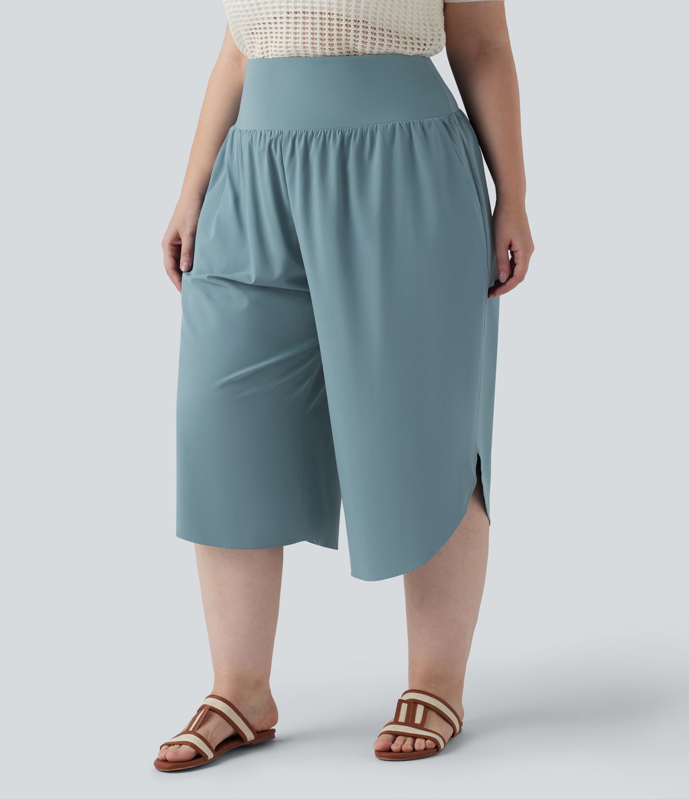 Breezeful™ High Waisted Tummy Control Curved Hem Quick Dry Resort Capri Plus Size Pants with Pockets