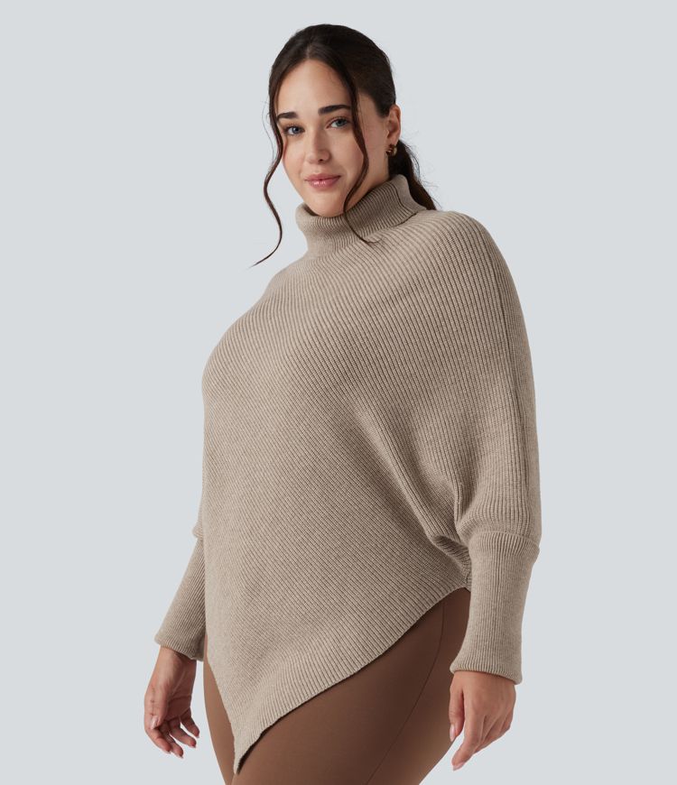 High Neck Long Sleeve Asymmetric Hem Work Plus Size Sweater