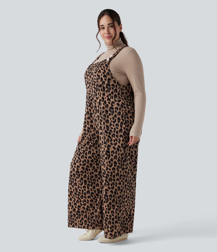 Leopard Print Waffle Casual Plus Size Overalls with Pockets
