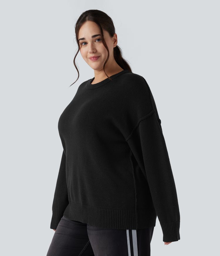 Svetr s kulatým výstřihem, spadlými rameny a dlouhým rukávem — volnočasový, ve větších velikostech