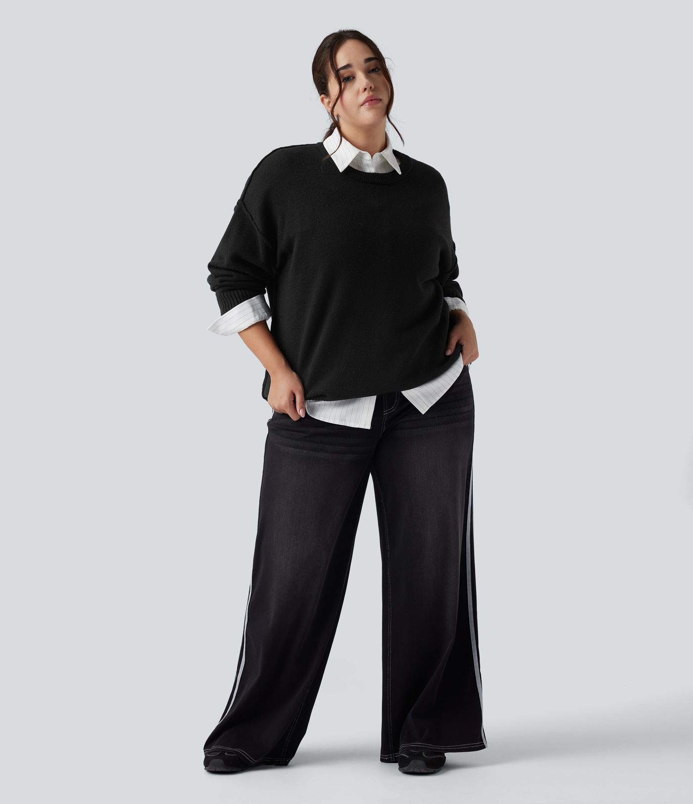 Svetr s kulatým výstřihem, spadlými rameny a dlouhým rukávem — volnočasový, ve větších velikostech