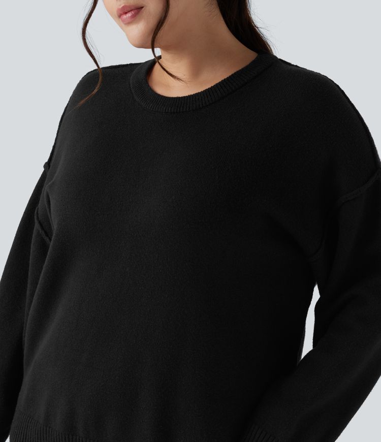 Svetr s kulatým výstřihem, spadlými rameny a dlouhým rukávem — volnočasový, ve větších velikostech