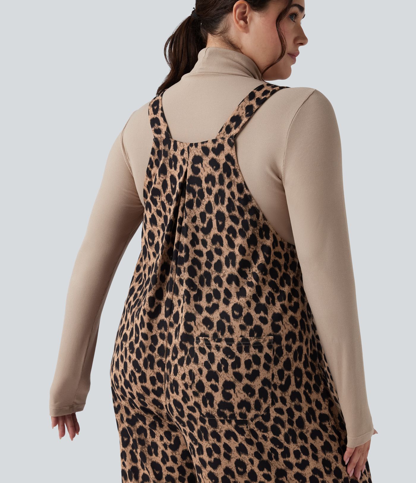 Leopard Print Waffle Casual Plus Size Overalls with Pockets
