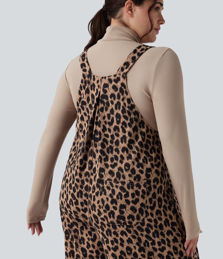 Leopard Print Waffle Casual Plus Size Overalls with Pockets