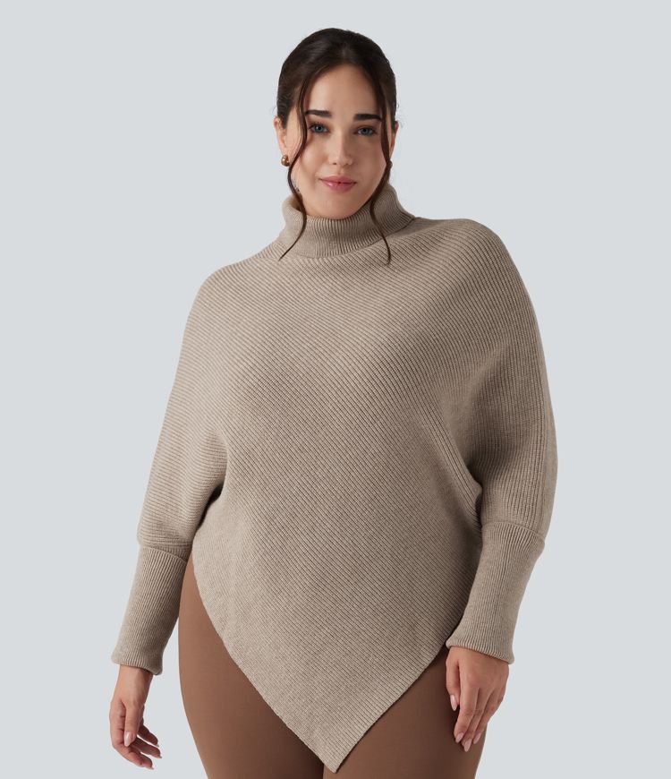 High Neck Long Sleeve Asymmetric Hem Work Plus Size Sweater