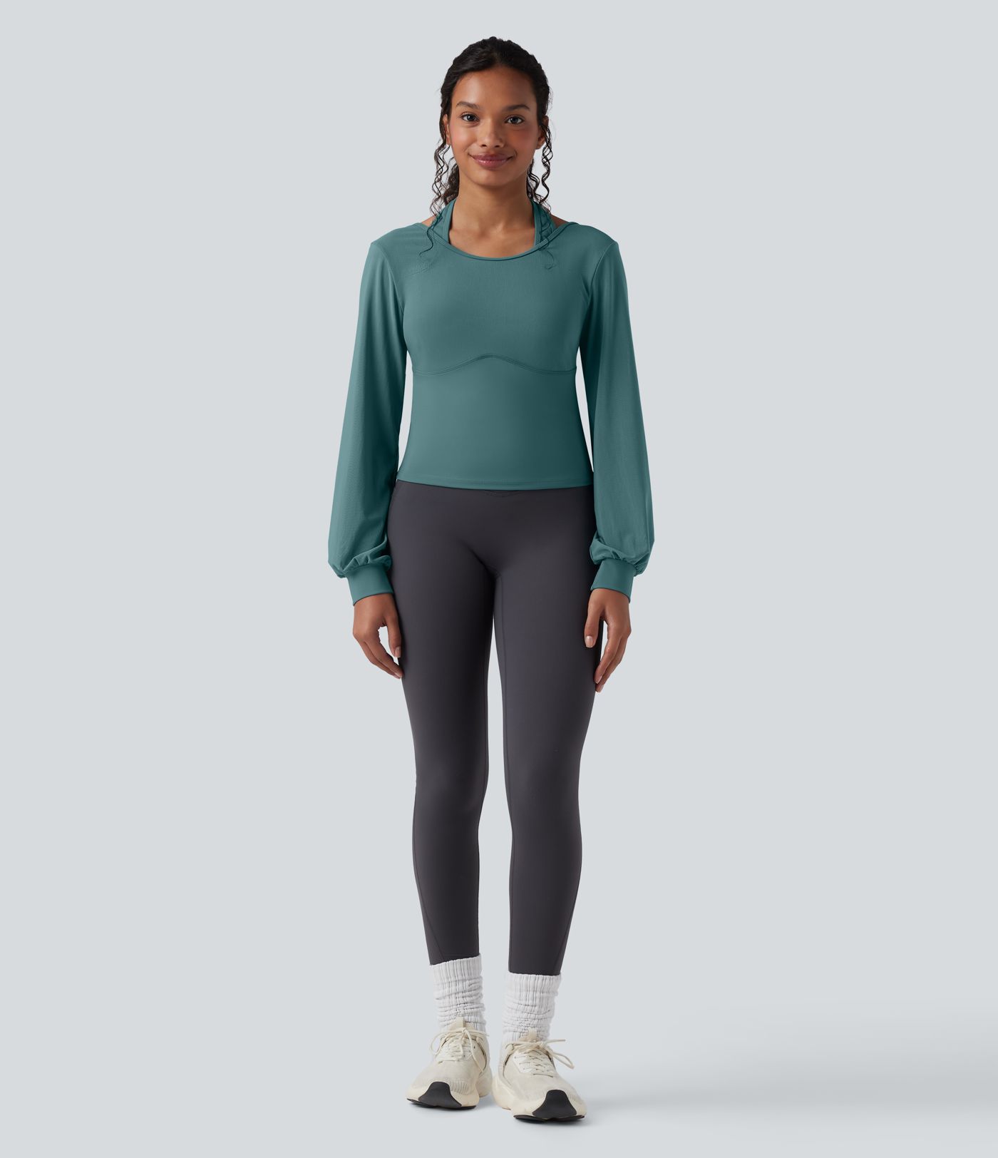 SoftlyZero™ Airy Halter Backless Bishop Long Sleeve Contrast Mesh Yoga Sports Top-UPF50+