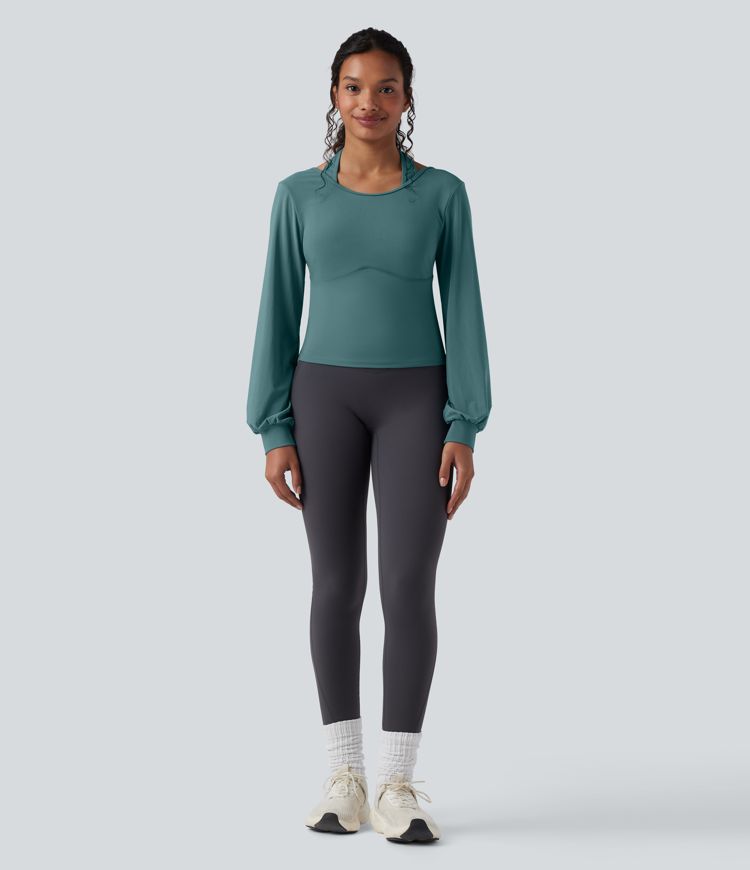 SoftlyZero™ Airy Halter Backless Bishop Long Sleeve Contrast Mesh Yoga Sports Top-UPF50+