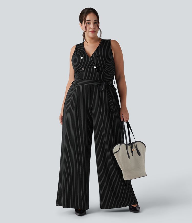 V Neck Sleeveless Belted Stripe Cool Touch Work Plus Size Jumpsuit with Pockets-Easy Peezy