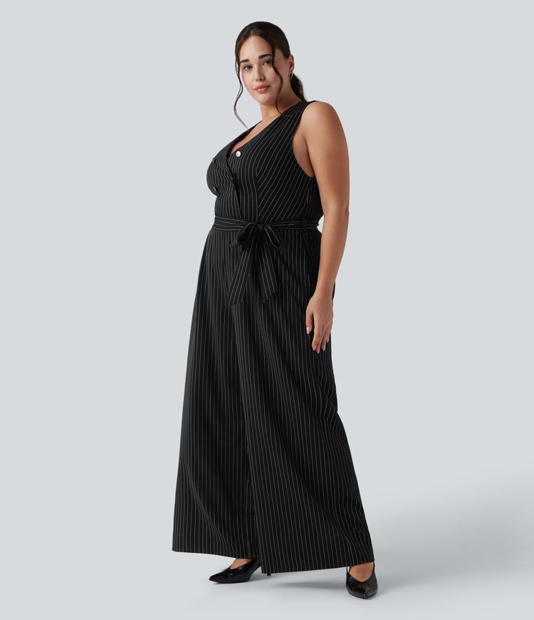 V Neck Sleeveless Belted Stripe Cool Touch Work Plus Size Jumpsuit with Pockets-Easy Peezy