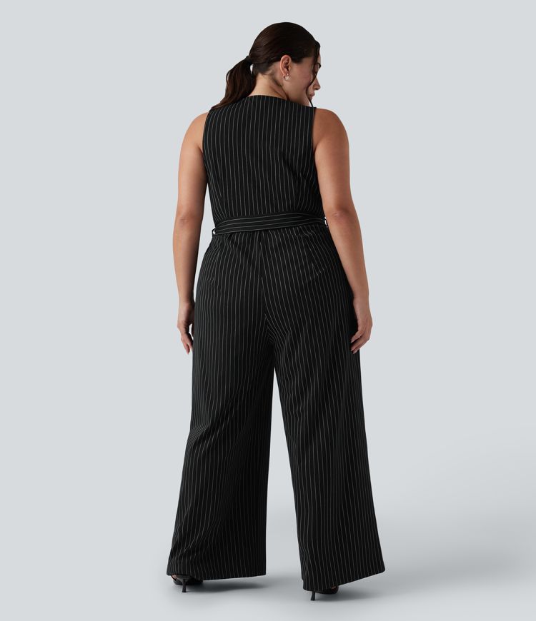 V Neck Sleeveless Belted Stripe Cool Touch Work Plus Size Jumpsuit with Pockets-Easy Peezy
