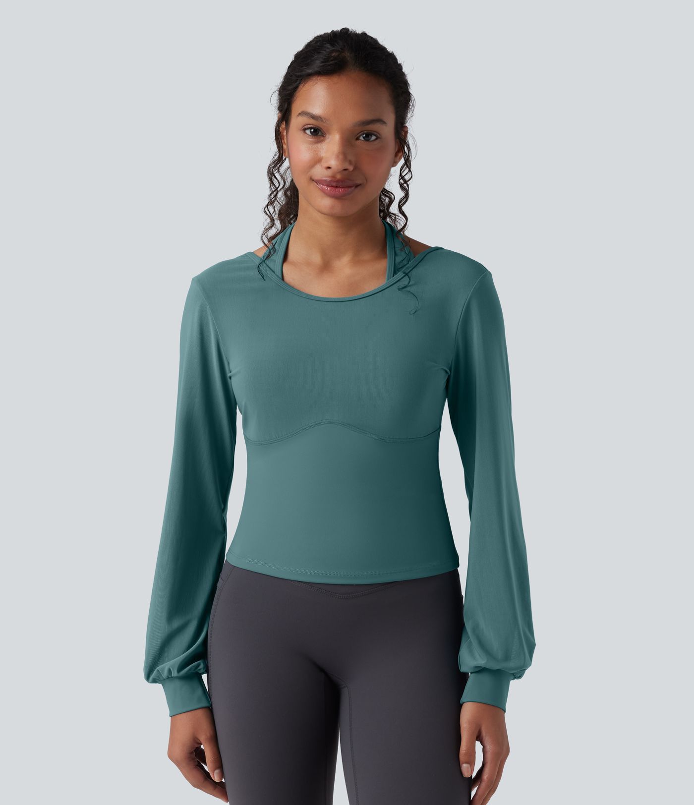 SoftlyZero™ Airy Halter Backless Bishop Long Sleeve Contrast Mesh Yoga Sports Top-UPF50+