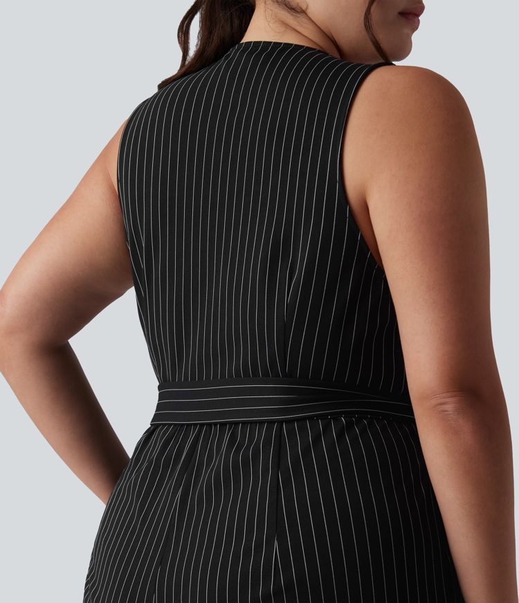 V Neck Sleeveless Belted Stripe Cool Touch Work Plus Size Jumpsuit with Pockets-Easy Peezy
