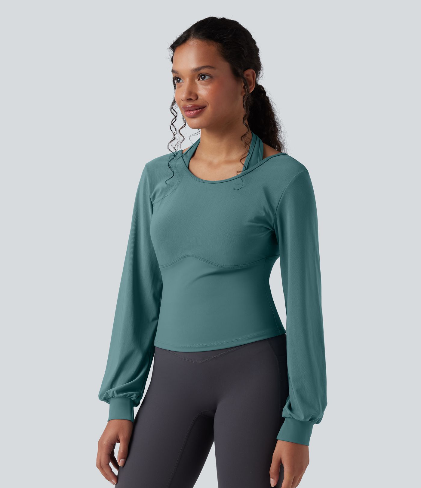SoftlyZero™ Airy Halter Backless Bishop Long Sleeve Contrast Mesh Yoga Sports Top-UPF50+