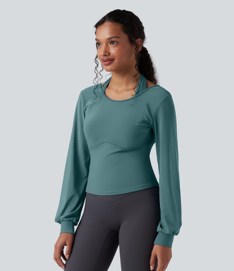 SoftlyZero™ Airy Halter Backless Bishop Long Sleeve Contrast Mesh Yoga Sports Top-UPF50+