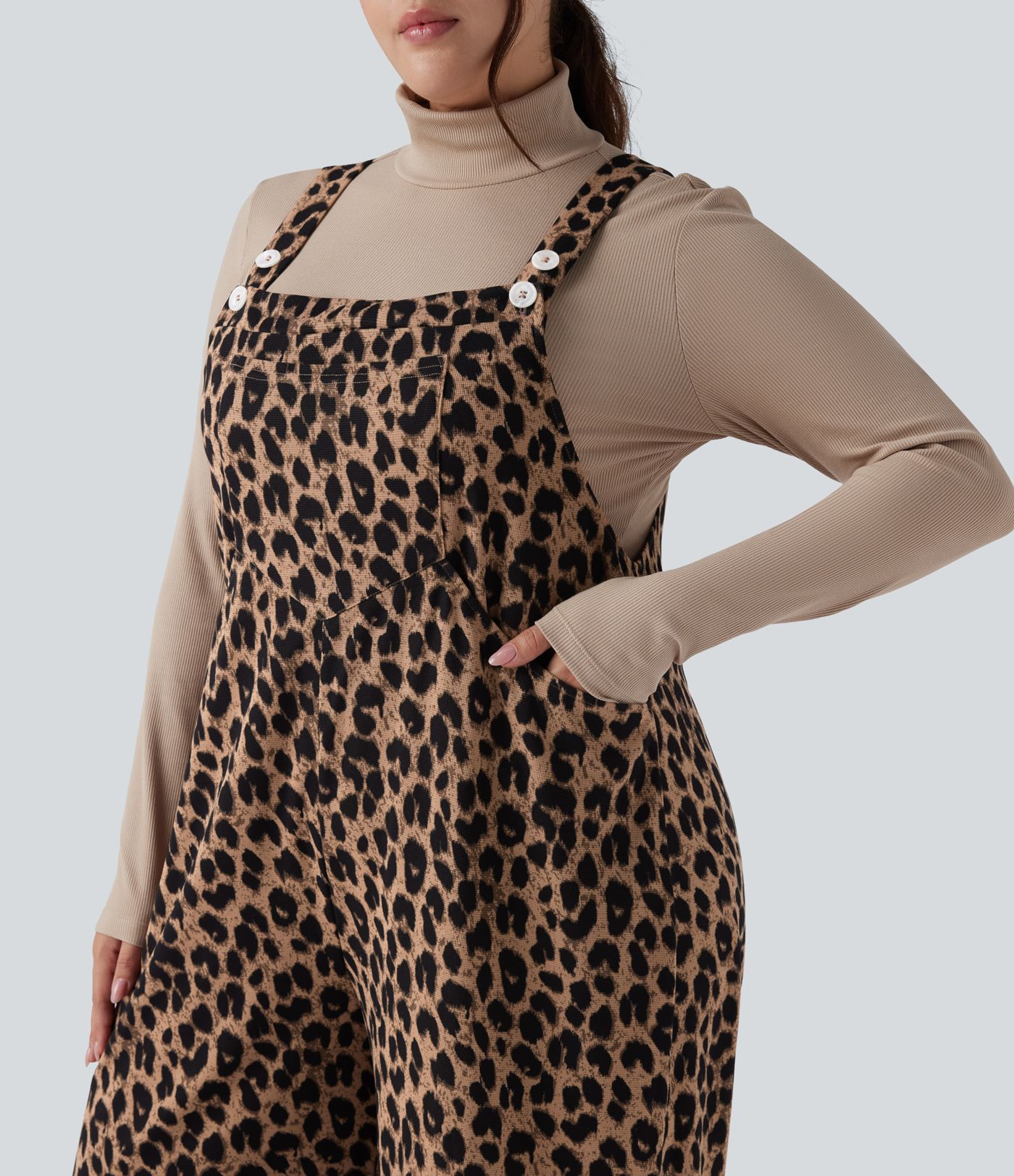 Leopard Print Waffle Casual Plus Size Overalls with Pockets