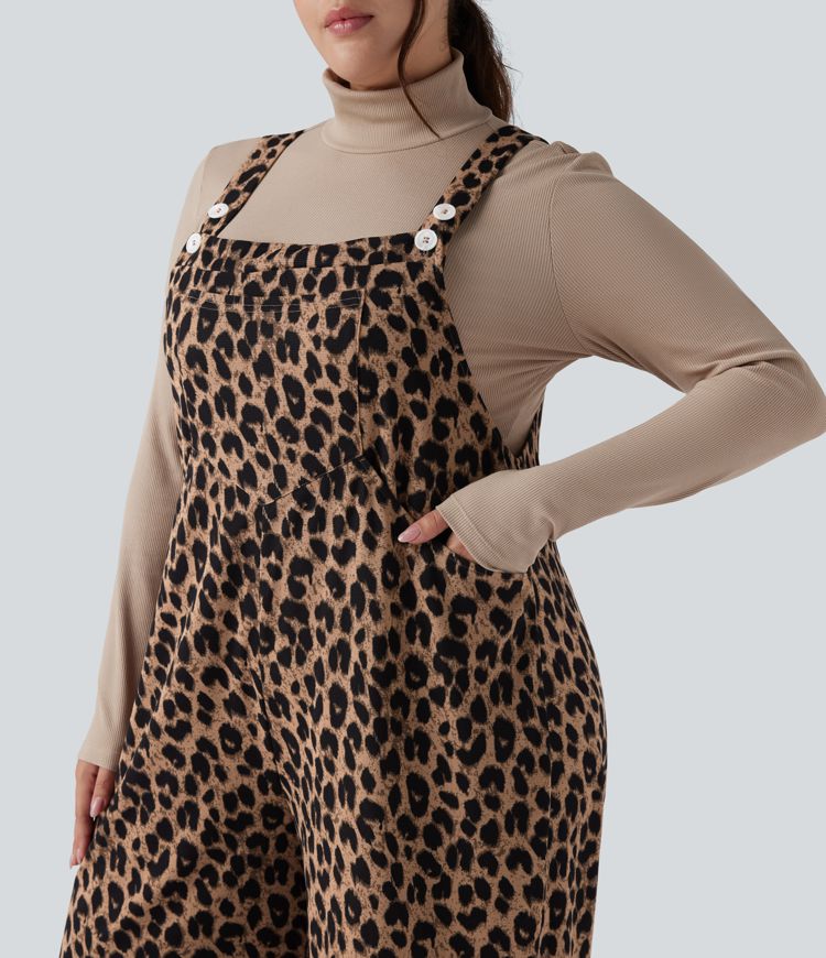 Leopard Print Waffle Casual Plus Size Overalls with Pockets
