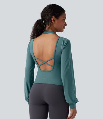 SoftlyZero™ Airy Halter Backless Bishop Long Sleeve Contrast Mesh Yoga Sports Top-UPF50+
